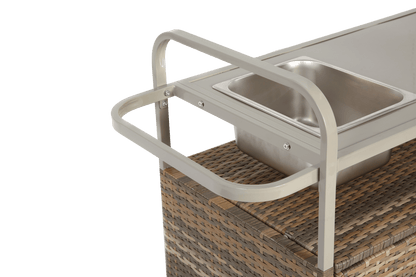 Beige Outdoor Wicker Bar Cart with Cabinet and Steel Top - 1st Choice Furniture Direct