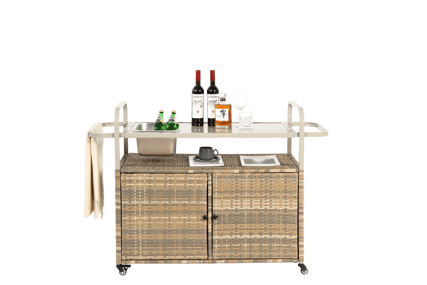 Beige Outdoor Wicker Bar Cart with Cabinet and Steel Top - 1st Choice Furniture Direct