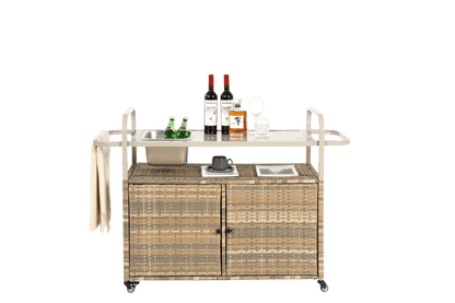 Beige Outdoor Wicker Bar Cart with Cabinet and Steel Top - 1st Choice Furniture Direct
