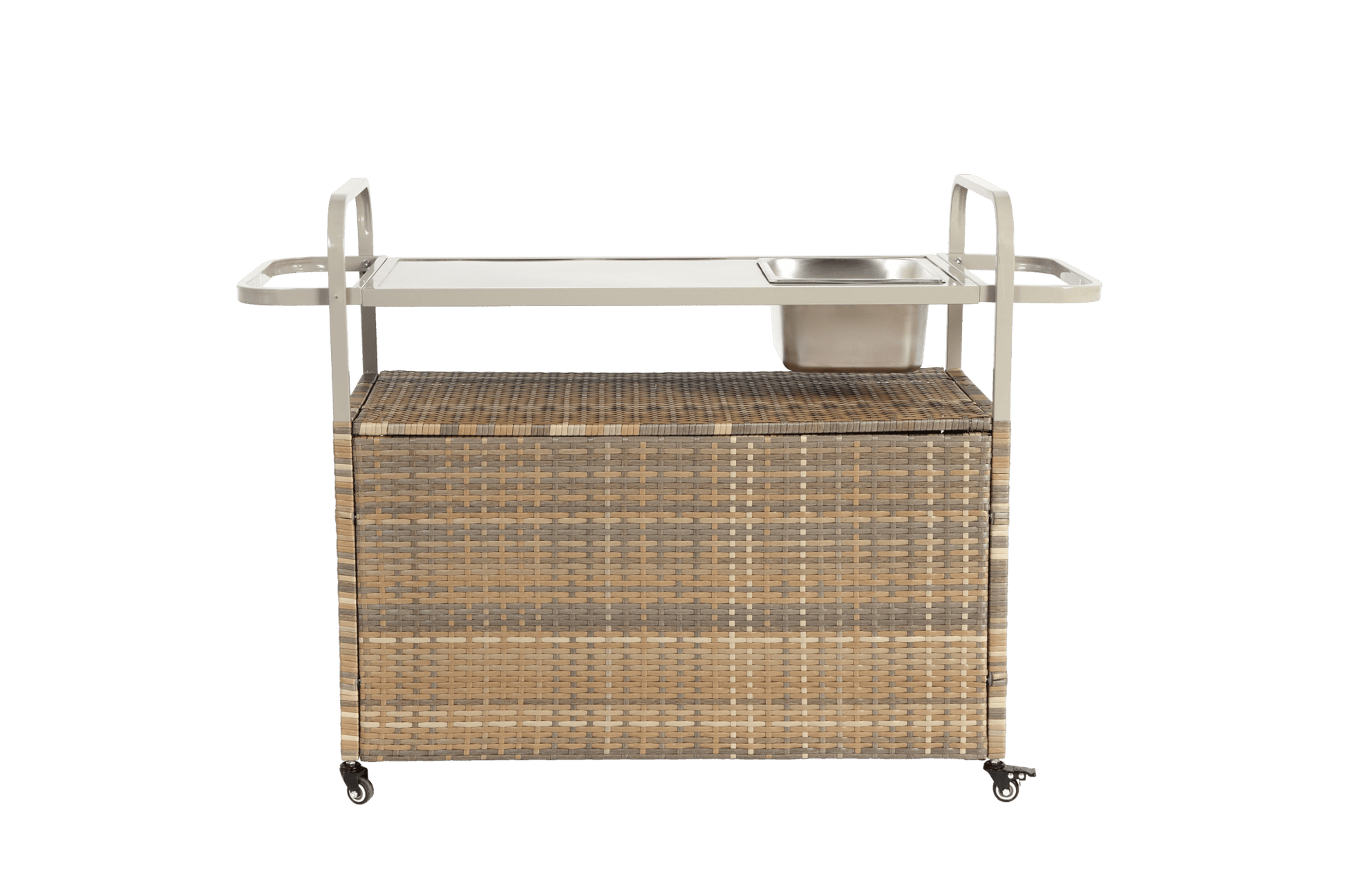Beige Outdoor Wicker Bar Cart with Cabinet and Steel Top - 1st Choice Furniture Direct