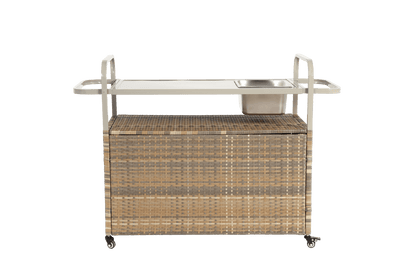 Beige Outdoor Wicker Bar Cart with Cabinet and Steel Top - 1st Choice Furniture Direct