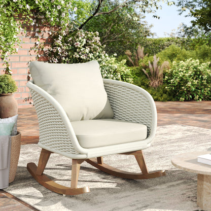 Beige PE Rattan Rocking Chair with Cushions – Modern Indoor Outdoor Wicker Rocker - 1st Choice Furniture Direct