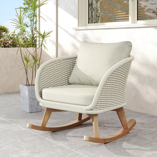 Beige PE Rattan Rocking Chair with Cushions – Modern Indoor Outdoor Wicker Rocker - 1st Choice Furniture Direct
