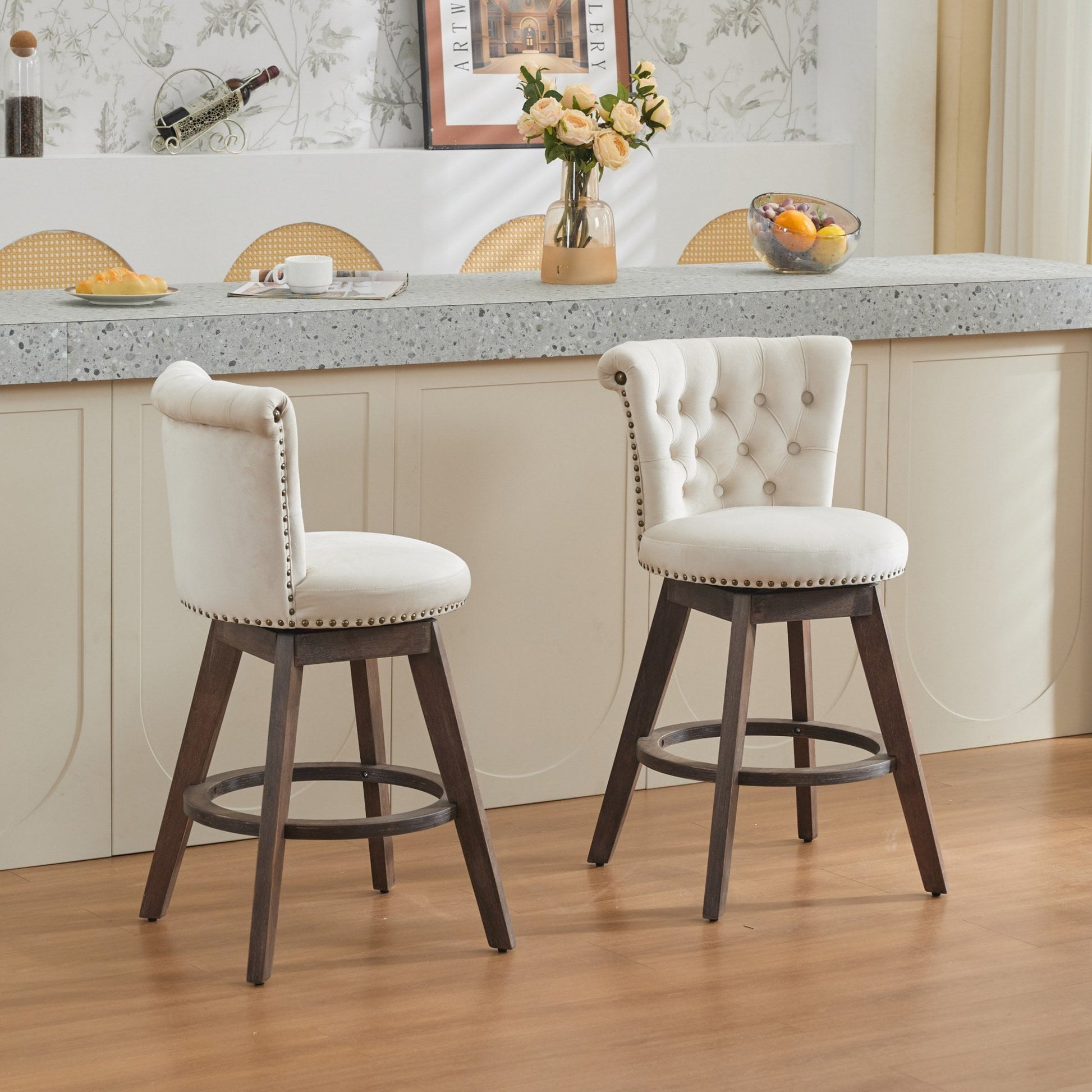 Beige Velvet Swivel Bar Stools Set of 2 | Tufted Counter Height Chairs with Wood Legs - 1st Choice Furniture Direct