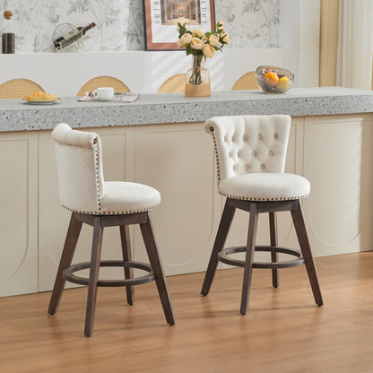 Beige Velvet Swivel Bar Stools Set of 2 | Tufted Counter Height Chairs with Wood Legs - 1st Choice Furniture Direct