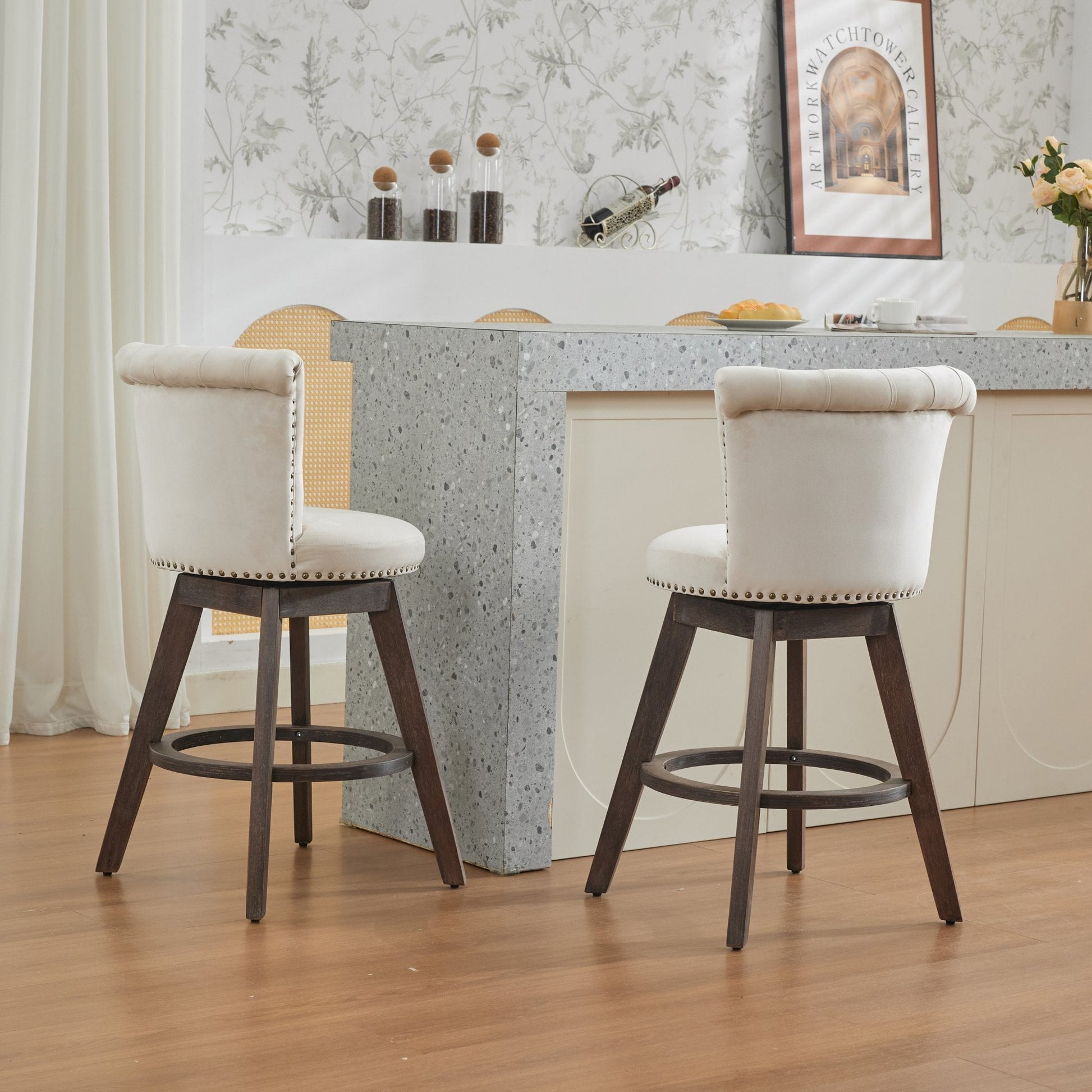 Beige Velvet Swivel Bar Stools Set of 2 | Tufted Counter Height Chairs with Wood Legs - 1st Choice Furniture Direct