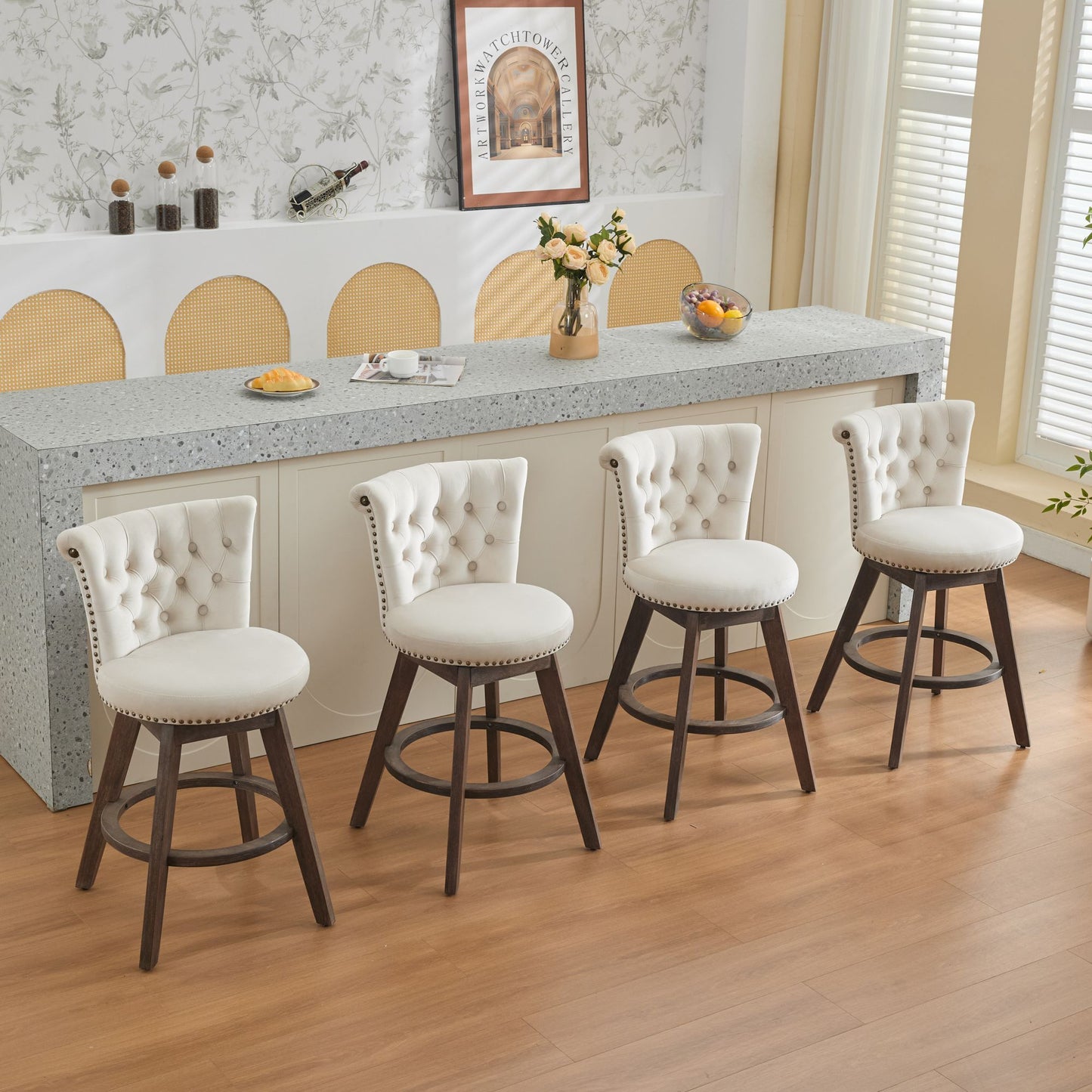 Beige Velvet Swivel Bar Stools Set of 2 | Tufted Counter Height Chairs with Wood Legs - 1st Choice Furniture Direct