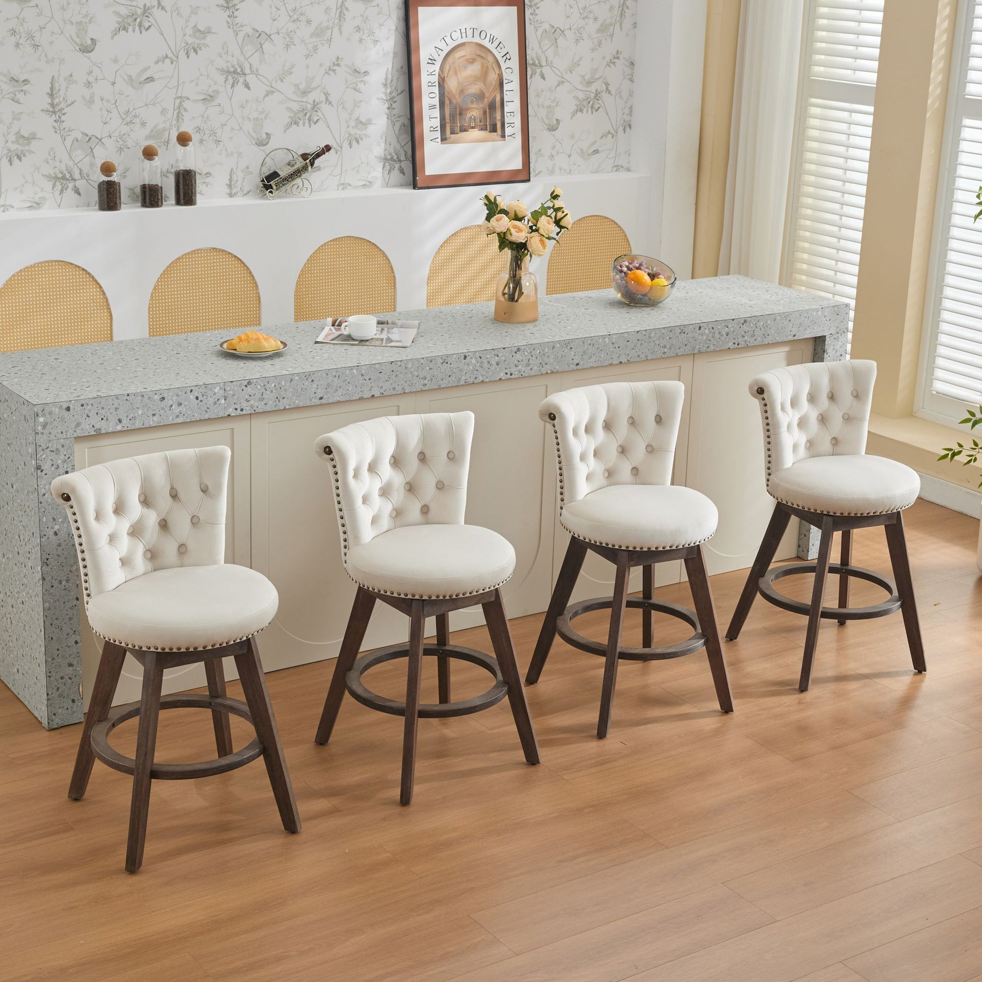 Beige Velvet Swivel Bar Stools Set of 2 | Tufted Counter Height Chairs with Wood Legs - 1st Choice Furniture Direct