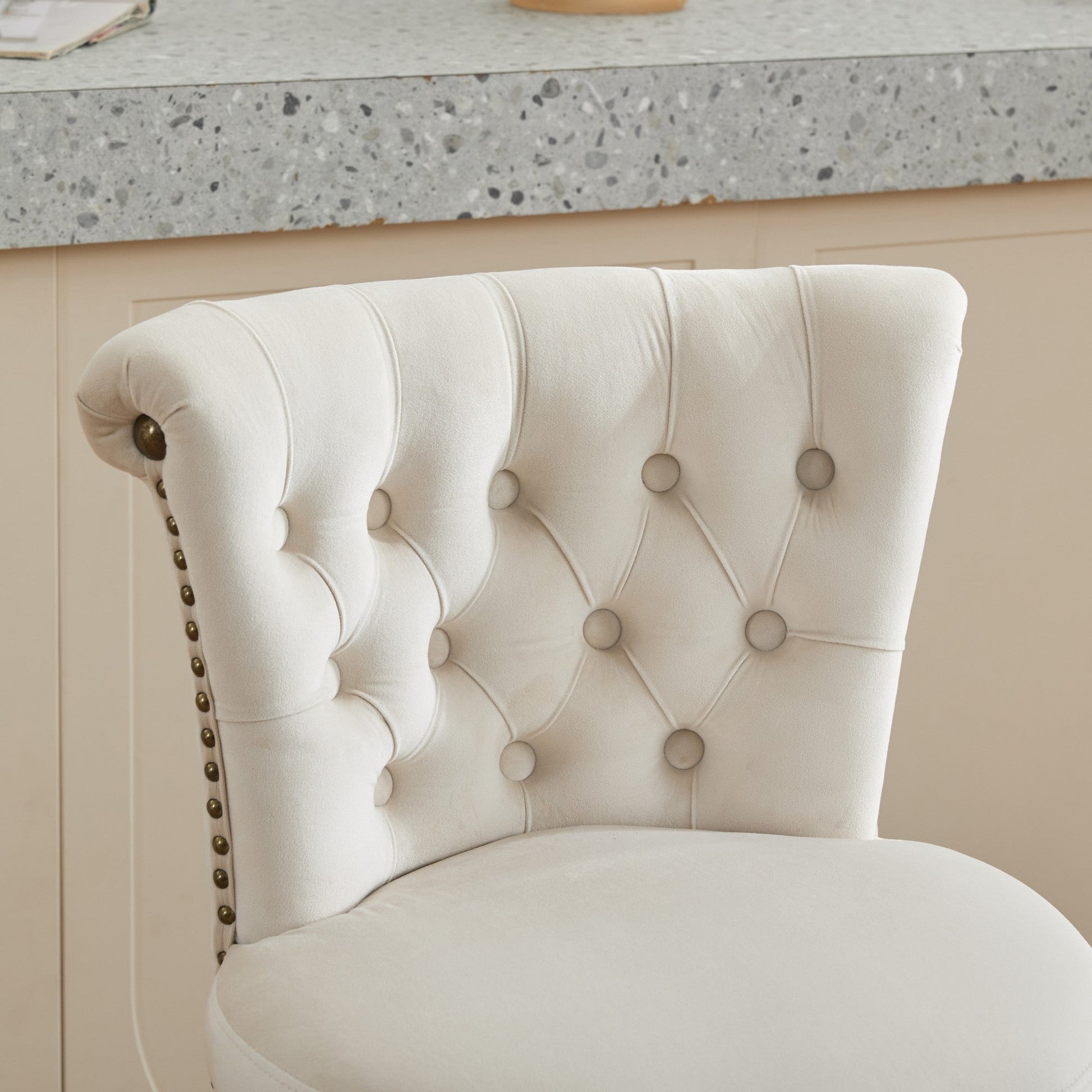 Beige Velvet Swivel Bar Stools Set of 2 | Tufted Counter Height Chairs with Wood Legs - 1st Choice Furniture Direct