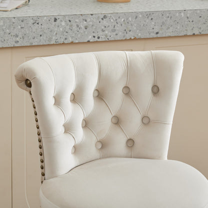 Beige Velvet Swivel Bar Stools Set of 2 | Tufted Counter Height Chairs with Wood Legs - 1st Choice Furniture Direct