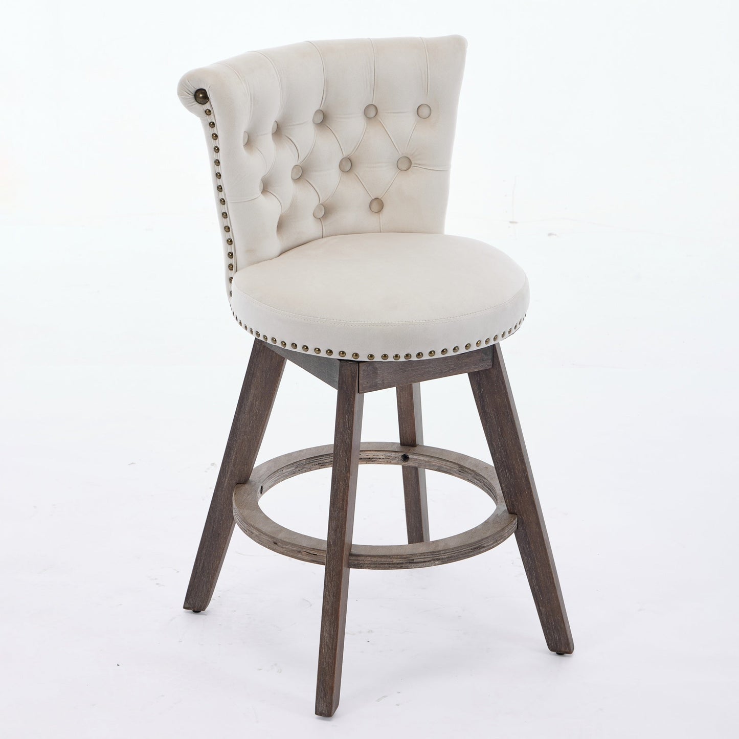 Beige Velvet Swivel Bar Stools Set of 2 | Tufted Counter Height Chairs with Wood Legs - 1st Choice Furniture Direct