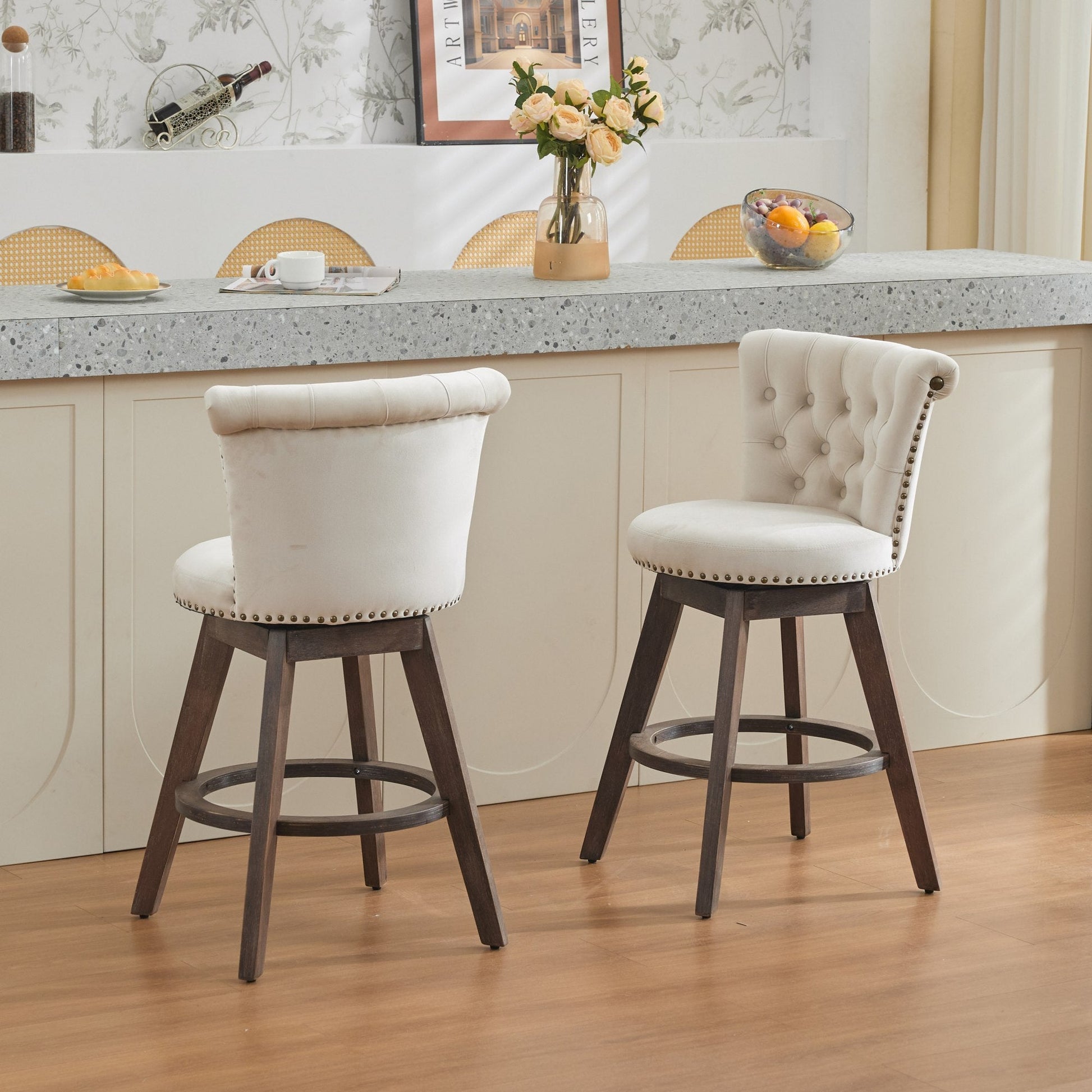 Beige Velvet Swivel Bar Stools Set of 2 | Tufted Counter Height Chairs with Wood Legs - 1st Choice Furniture Direct