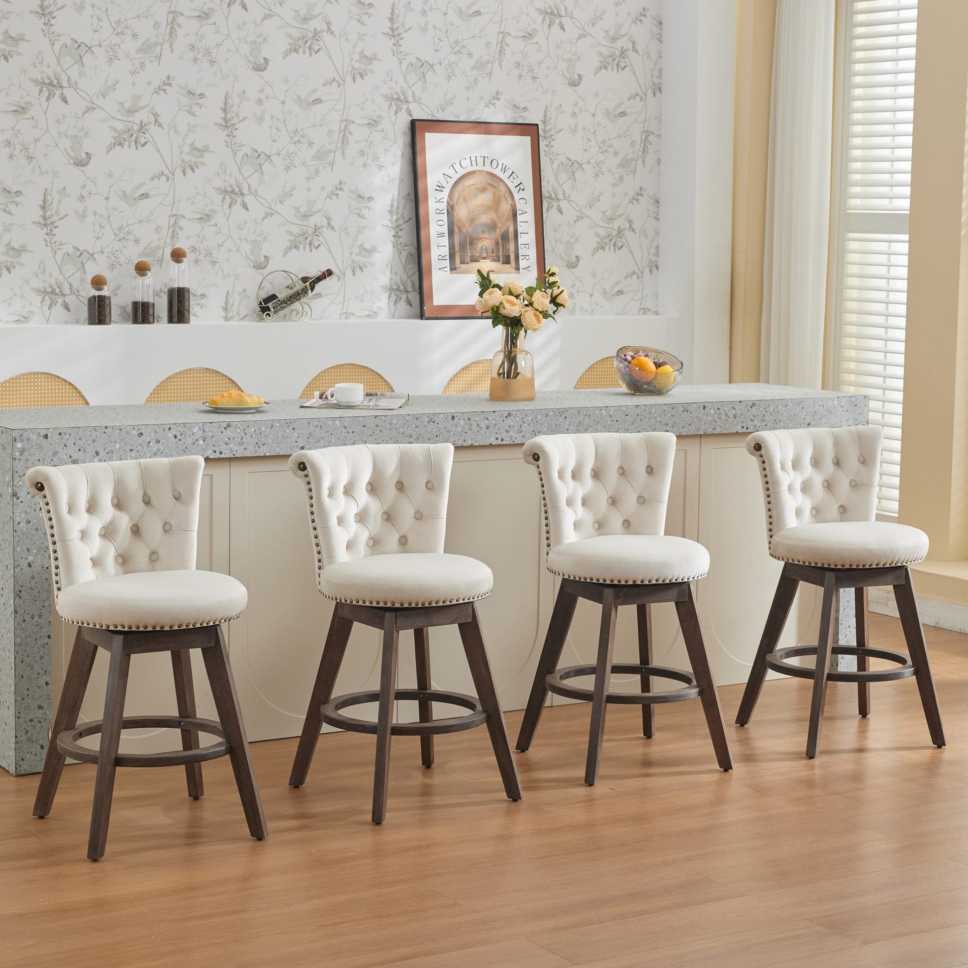 Beige Velvet Swivel Bar Stools Set of 2 | Tufted Counter Height Chairs with Wood Legs - 1st Choice Furniture Direct