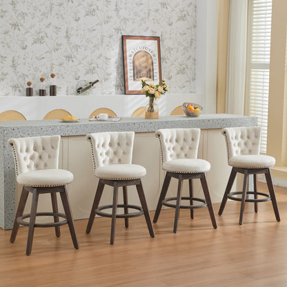 Beige Velvet Swivel Bar Stools Set of 2 | Tufted Counter Height Chairs with Wood Legs - 1st Choice Furniture Direct