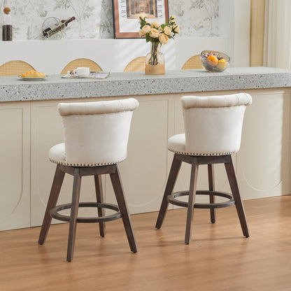 Beige Velvet Swivel Bar Stools Set of 2 | Tufted Counter Height Chairs with Wood Legs - 1st Choice Furniture Direct