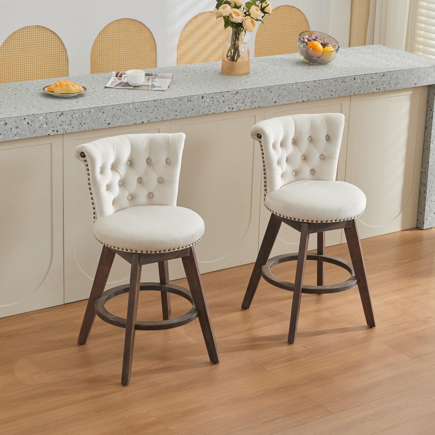 Beige Velvet Swivel Bar Stools Set of 2 | Tufted Counter Height Chairs with Wood Legs - 1st Choice Furniture Direct