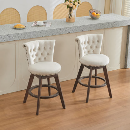 Beige Velvet Swivel Bar Stools Set of 2 | Tufted Counter Height Chairs with Wood Legs - 1st Choice Furniture Direct