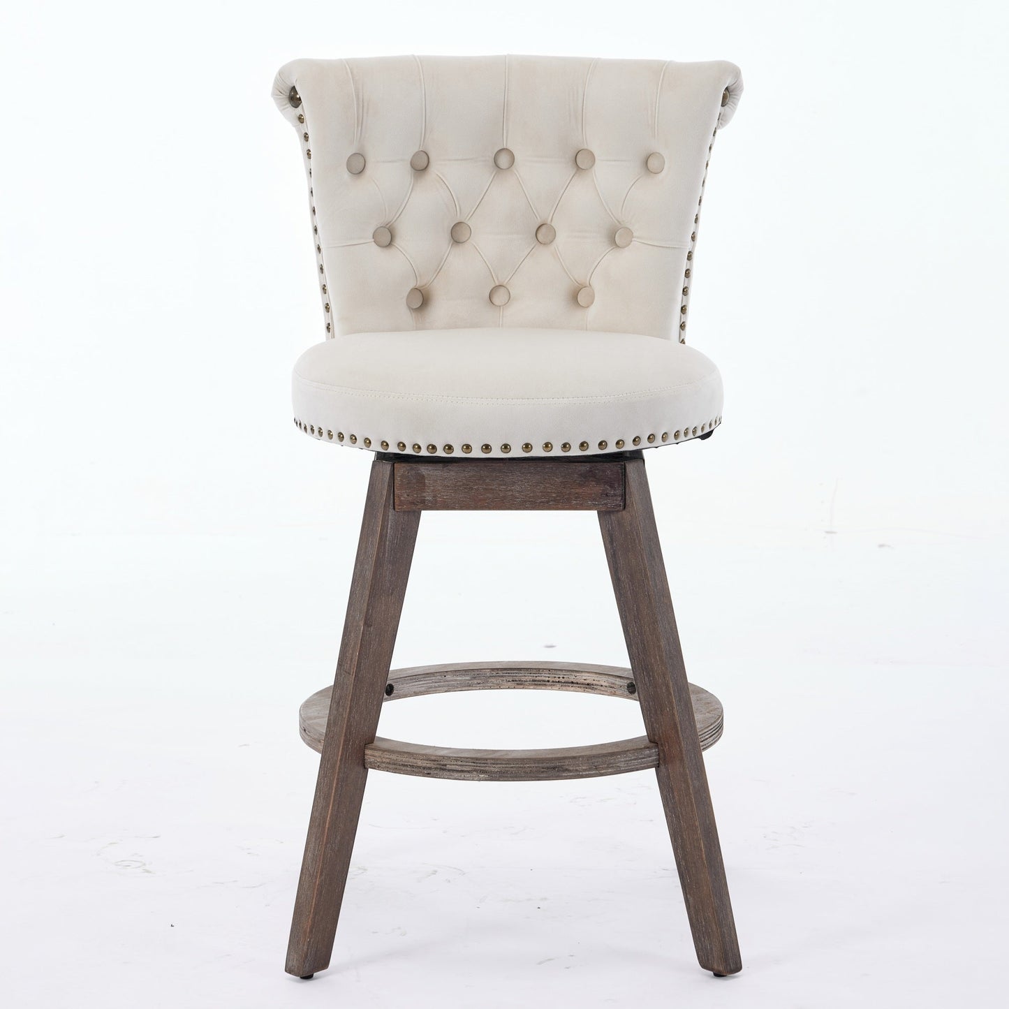 Beige Velvet Swivel Bar Stools Set of 2 | Tufted Counter Height Chairs with Wood Legs - 1st Choice Furniture Direct
