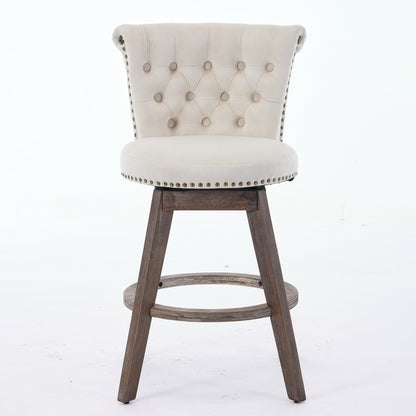 Beige Velvet Swivel Bar Stools Set of 2 | Tufted Counter Height Chairs with Wood Legs - 1st Choice Furniture Direct