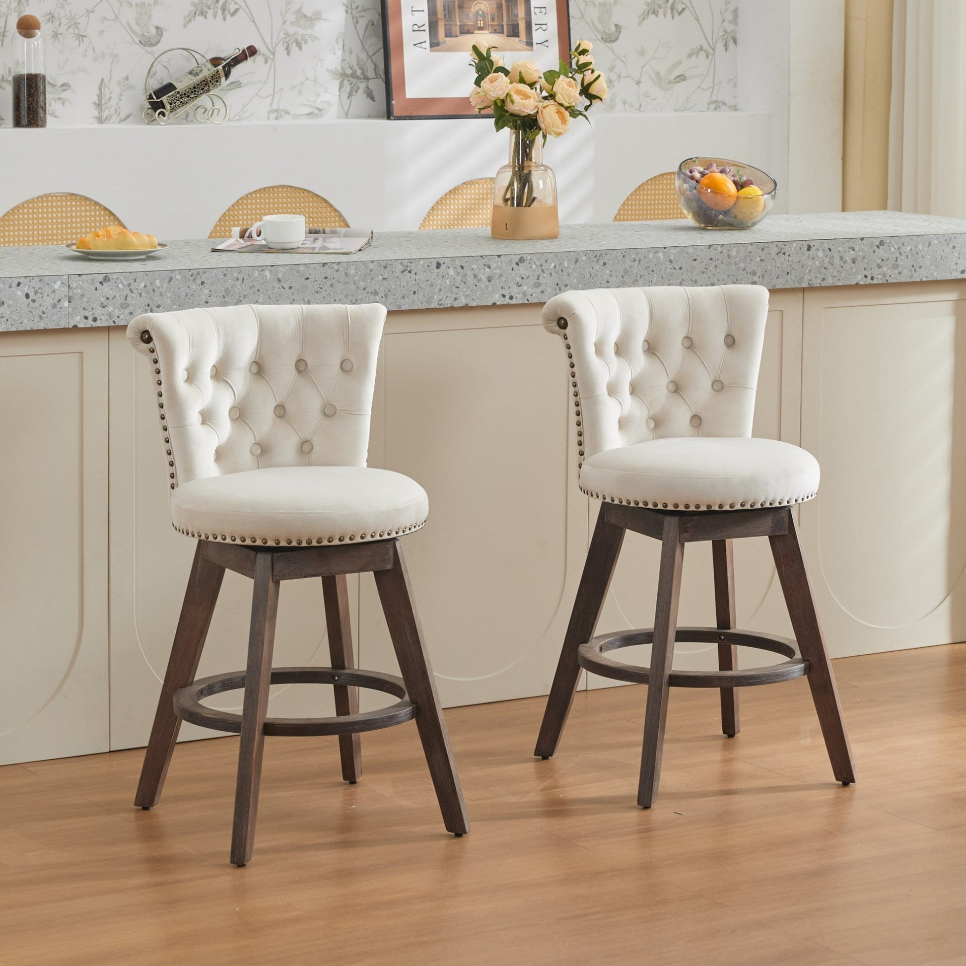 Beige Velvet Swivel Bar Stools Set of 2 | Tufted Counter Height Chairs with Wood Legs - 1st Choice Furniture Direct