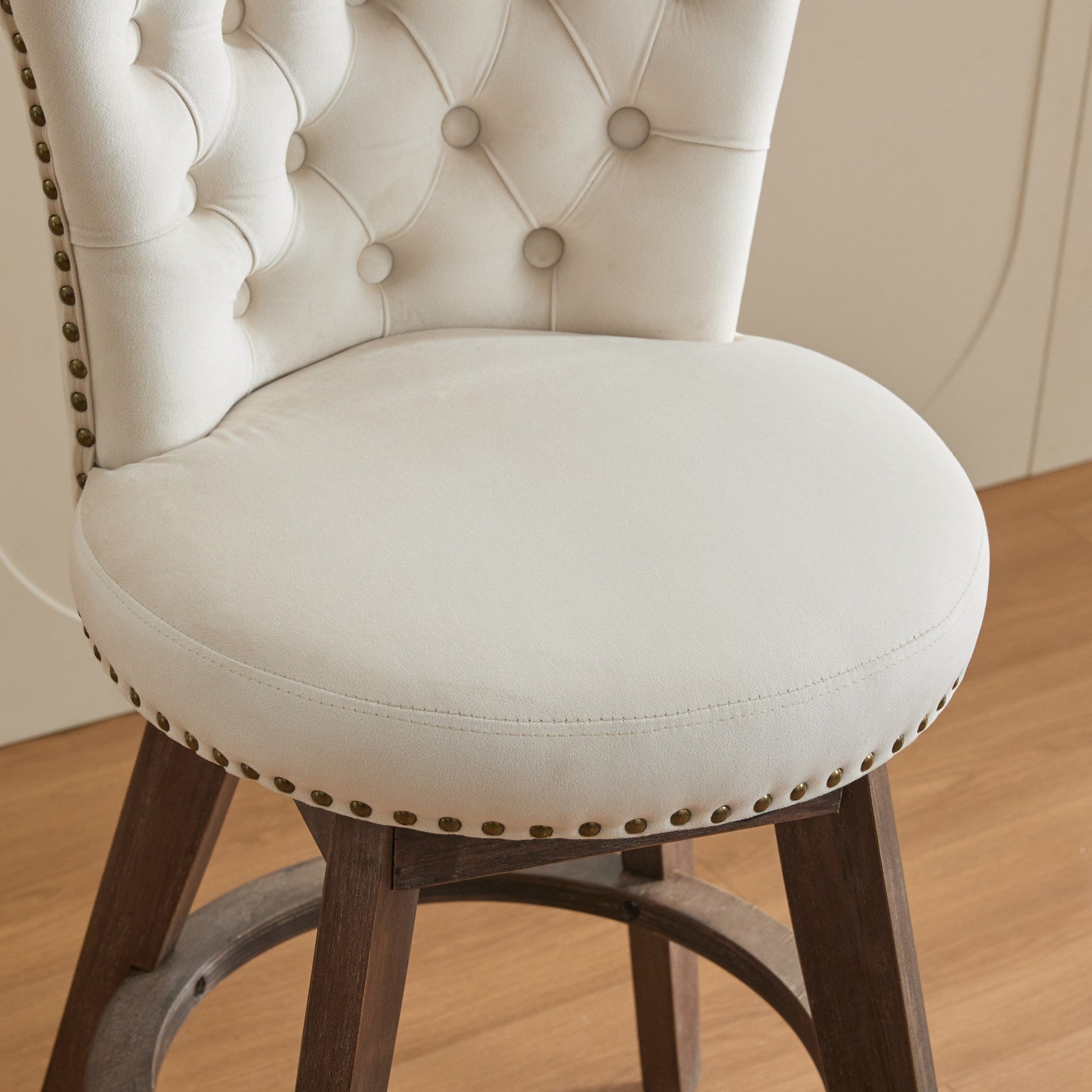 Beige Velvet Swivel Bar Stools Set of 2 | Tufted Counter Height Chairs with Wood Legs - 1st Choice Furniture Direct