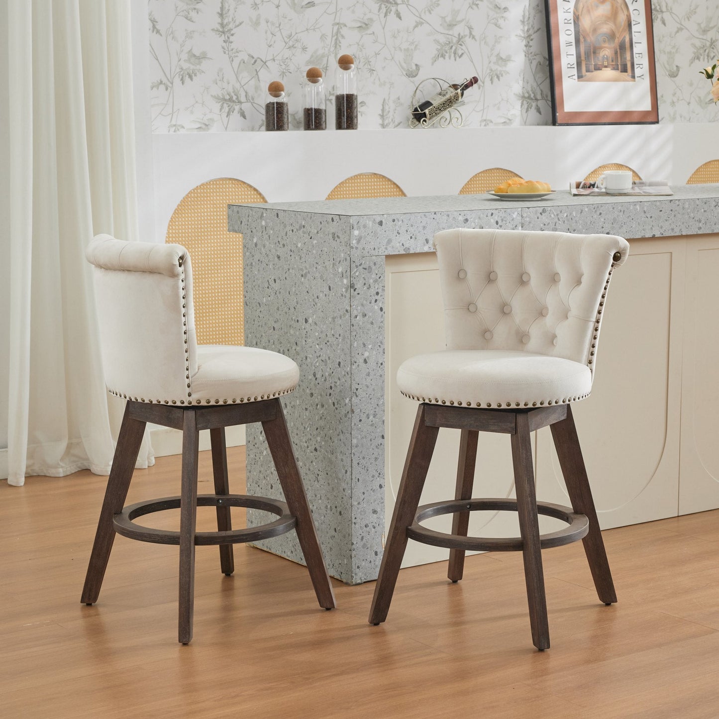 Beige Velvet Swivel Bar Stools Set of 2 | Tufted Counter Height Chairs with Wood Legs - 1st Choice Furniture Direct
