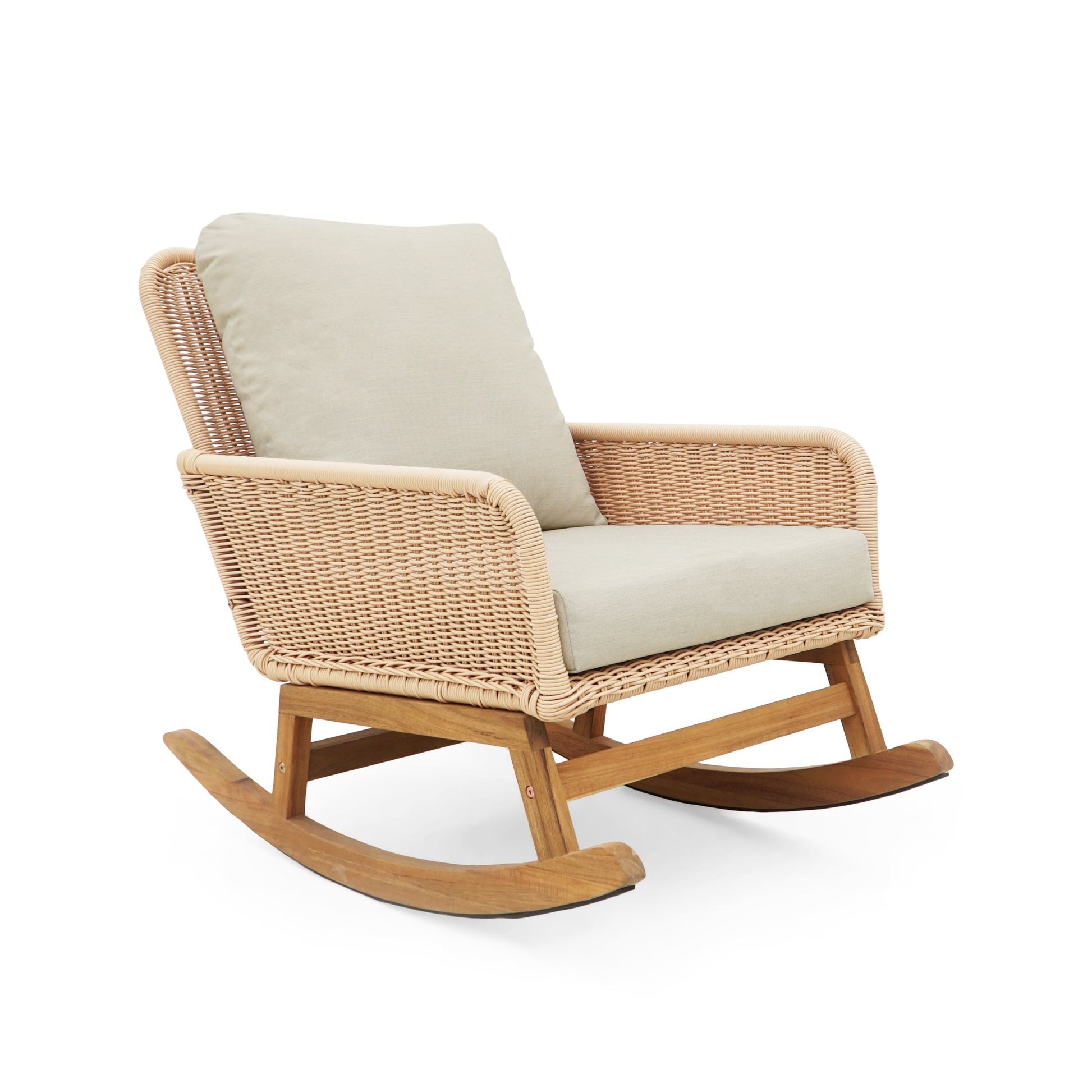 Beige Wicker Rocking Chair with Cushions – Indoor & Outdoor Lounge Chair - 1st Choice Furniture Direct