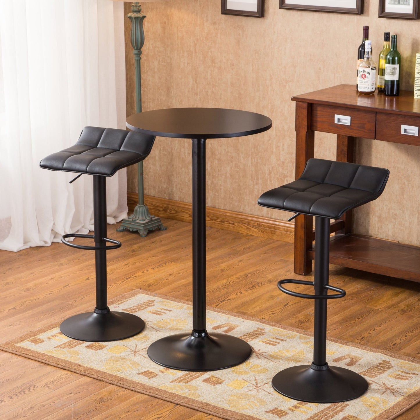 Belham Black Round Top with Black Leg And Base Metal Bar Table and 2 Swivel Black Bonded Leather Adjustable Bar Stool Bar Sets - 1st Choice Furniture Direct