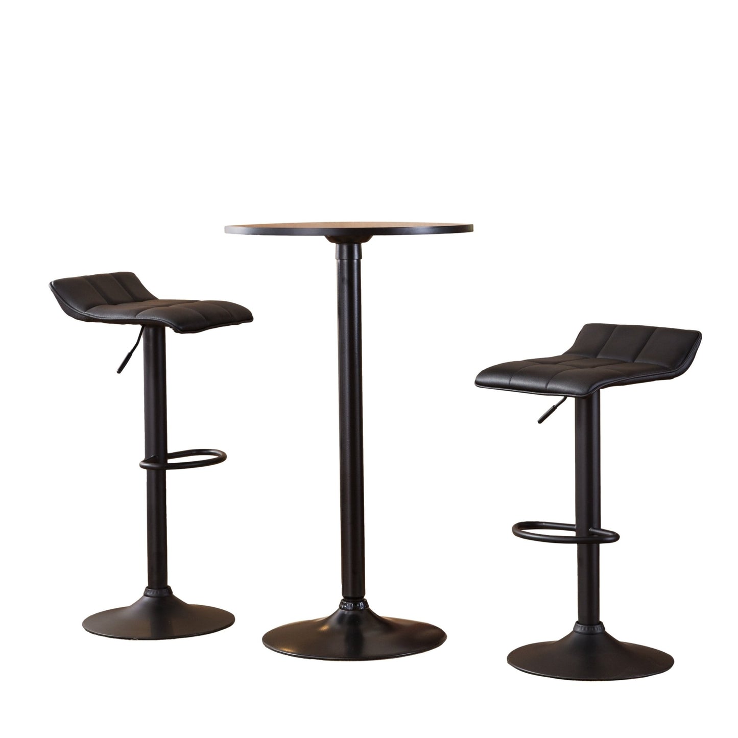 Belham Black Round Top with Black Leg And Base Metal Bar Table and 2 Swivel Black Bonded Leather Adjustable Bar Stool Bar Sets - 1st Choice Furniture Direct