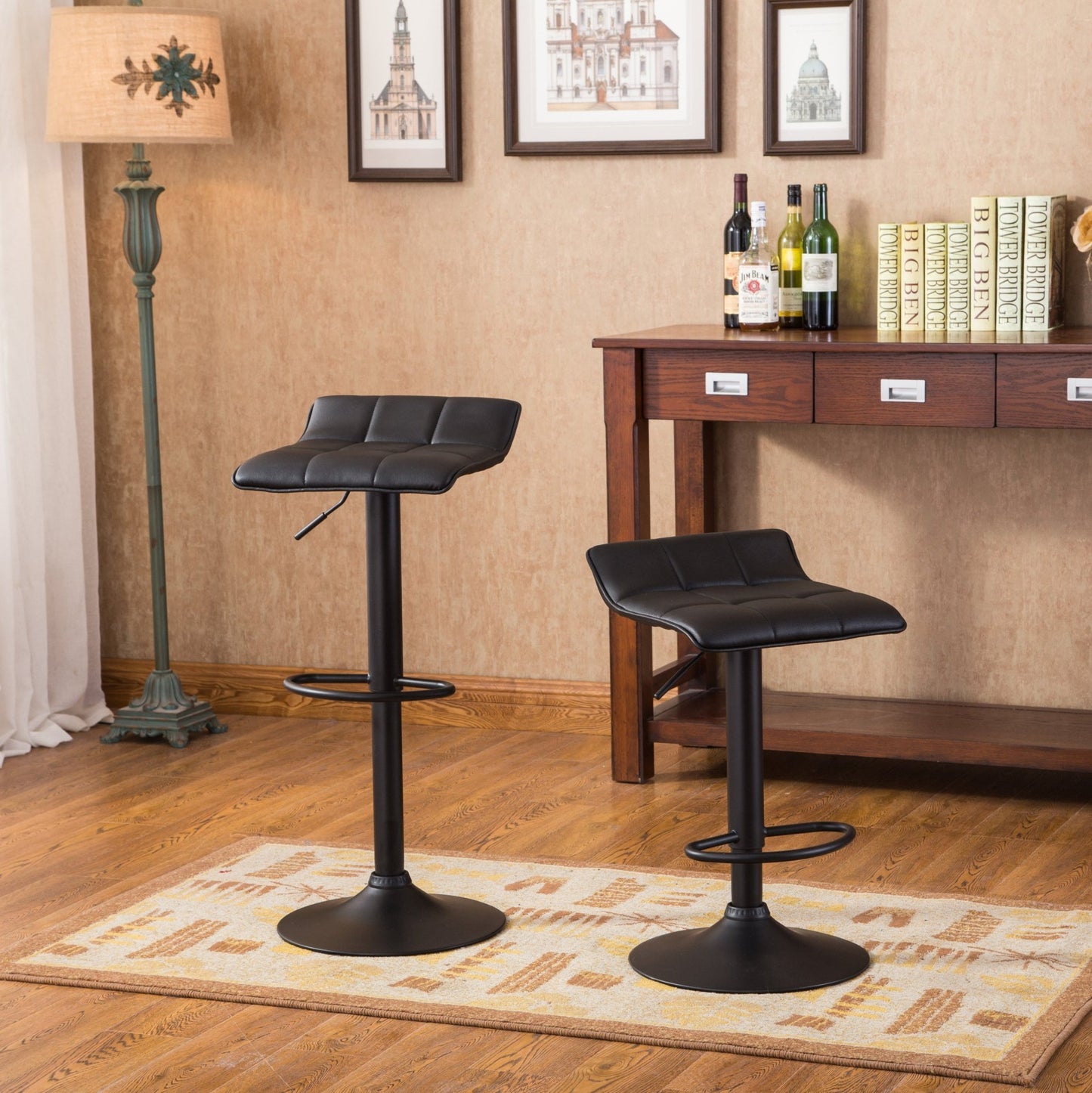 Belham Black Round Top with Black Leg And Base Metal Bar Table and 2 Swivel Black Bonded Leather Adjustable Bar Stool Bar Sets - 1st Choice Furniture Direct