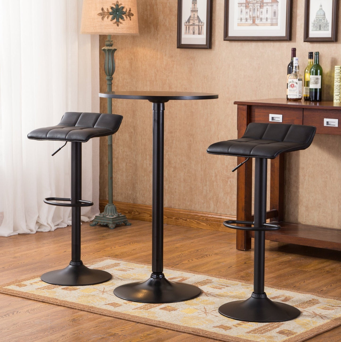 Belham Black Round Top with Black Leg And Base Metal Bar Table and 2 Swivel Black Bonded Leather Adjustable Bar Stool Bar Sets - 1st Choice Furniture Direct