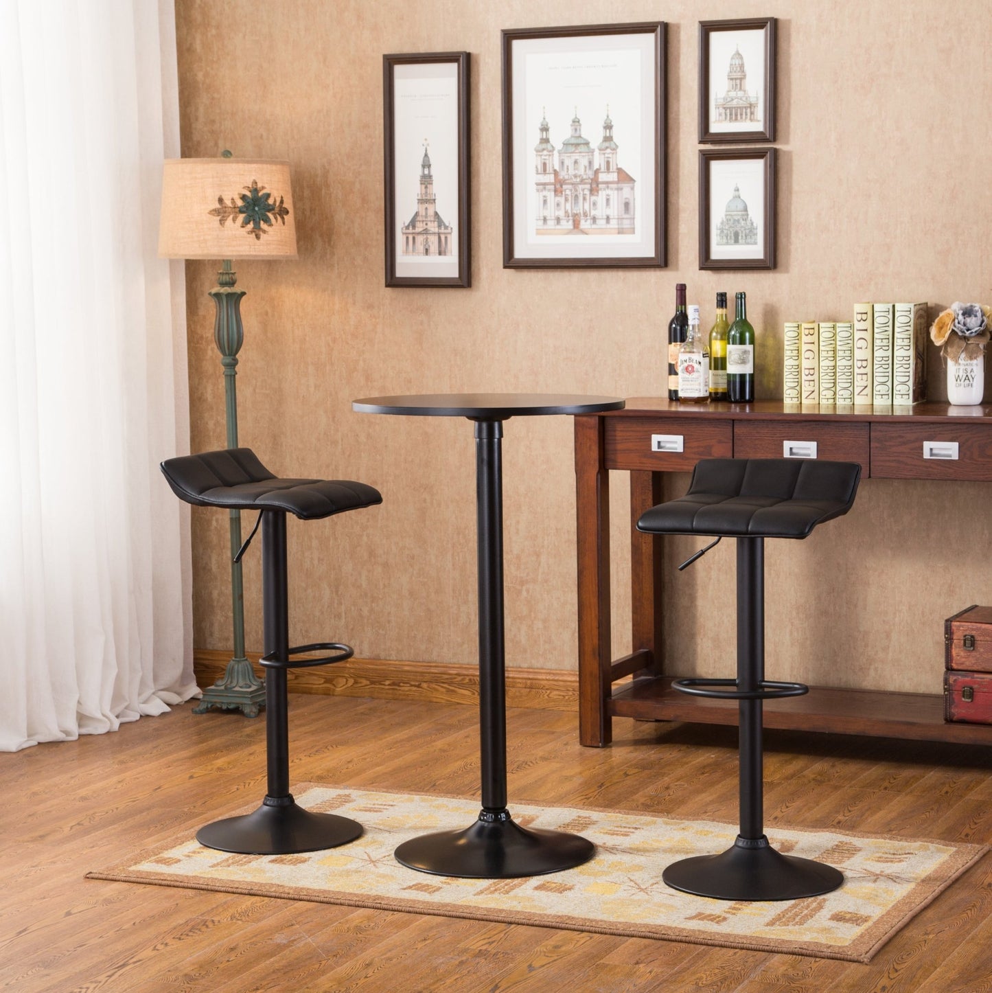 Belham Black Round Top with Black Leg And Base Metal Bar Table and 2 Swivel Black Bonded Leather Adjustable Bar Stool Bar Sets - 1st Choice Furniture Direct