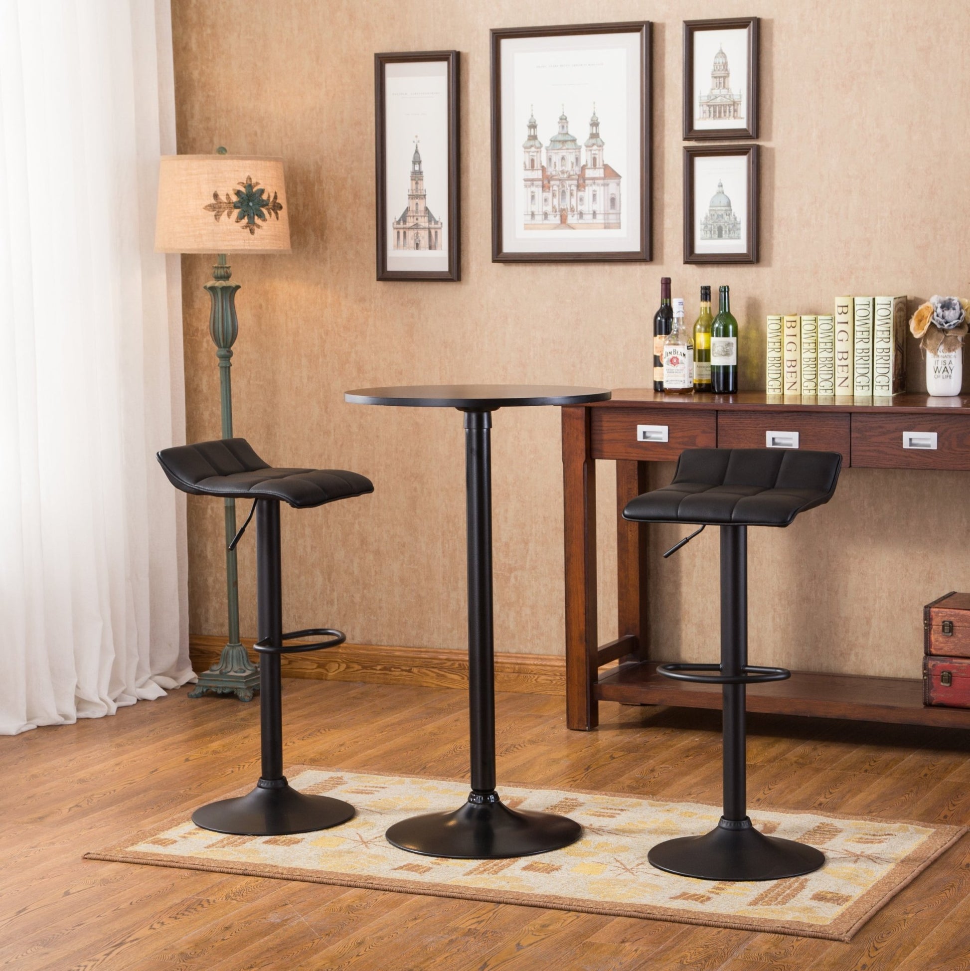 Belham Black Round Top with Black Leg And Base Metal Bar Table and 2 Swivel Black Bonded Leather Adjustable Bar Stool Bar Sets - 1st Choice Furniture Direct