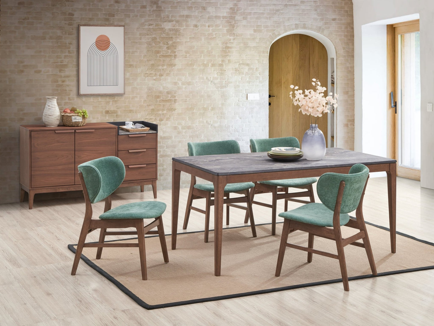 Bevis 5-Piece Walnut Finish Dining Set with Faux Marble Tabletop and Green Upholstered Chairs - 1st Choice Furniture Direct