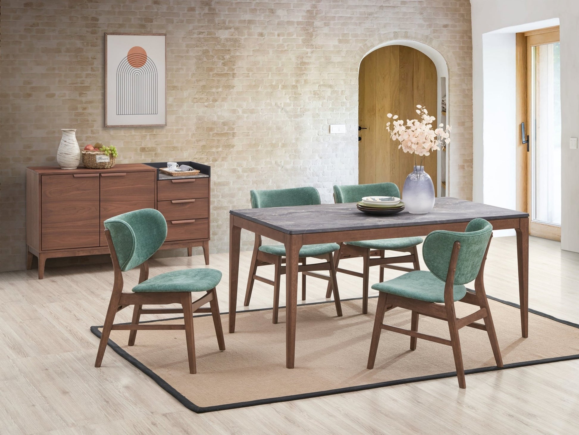 Bevis 5-Piece Walnut Finish Dining Set with Faux Marble Tabletop and Green Upholstered Chairs - 1st Choice Furniture Direct