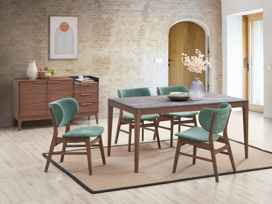 Bevis 5-Piece Walnut Finish Dining Set with Faux Marble Tabletop and Green Upholstered Chairs - 1st Choice Furniture Direct