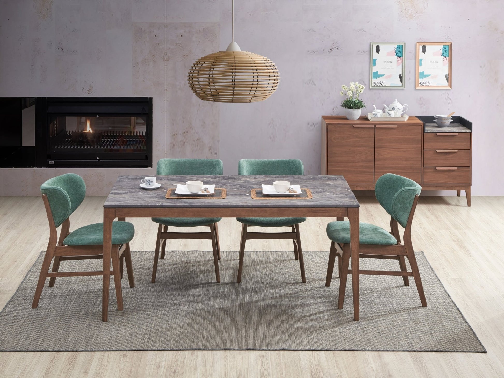 Bevis 5-Piece Walnut Finish Dining Set with Faux Marble Tabletop and Green Upholstered Chairs - 1st Choice Furniture Direct