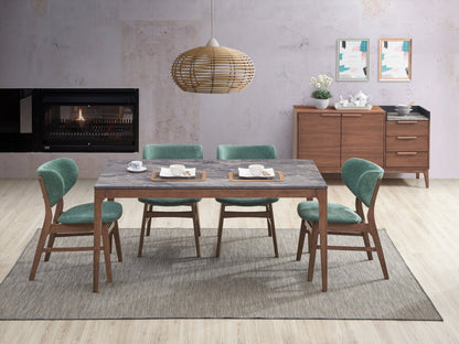 Bevis 5-Piece Walnut Finish Dining Set with Faux Marble Tabletop and Green Upholstered Chairs - 1st Choice Furniture Direct