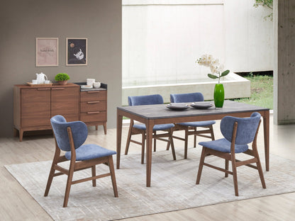 Bevis 5 - Piece Walnut Finish Dining Set with Gray Marble - Look Tabletop and Blue Upholstered Chairs - 1st Choice Furniture Direct