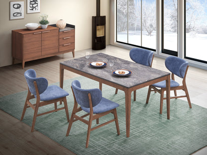 Bevis 5 - Piece Walnut Finish Dining Set with Gray Marble - Look Tabletop and Blue Upholstered Chairs - 1st Choice Furniture Direct