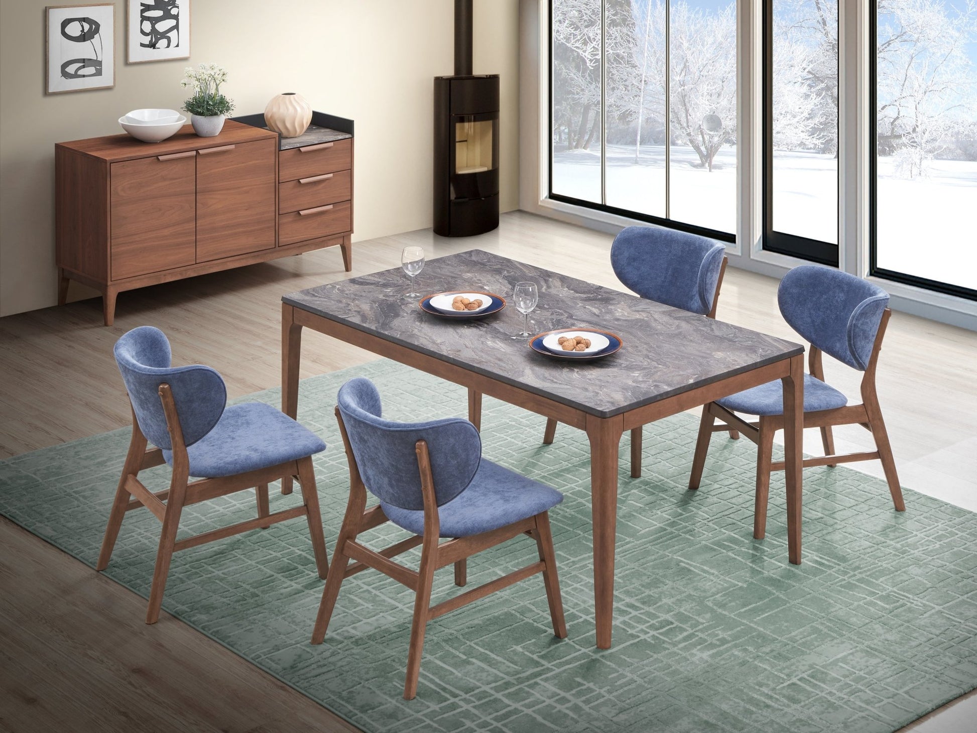 Bevis 5 - Piece Walnut Finish Dining Set with Gray Marble - Look Tabletop and Blue Upholstered Chairs - 1st Choice Furniture Direct