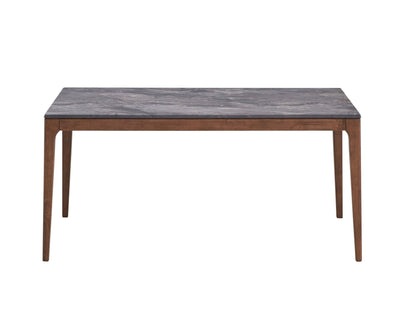 Bevis 5 - Piece Walnut Finish Dining Set with Gray Marble - Look Tabletop and Blue Upholstered Chairs - 1st Choice Furniture Direct