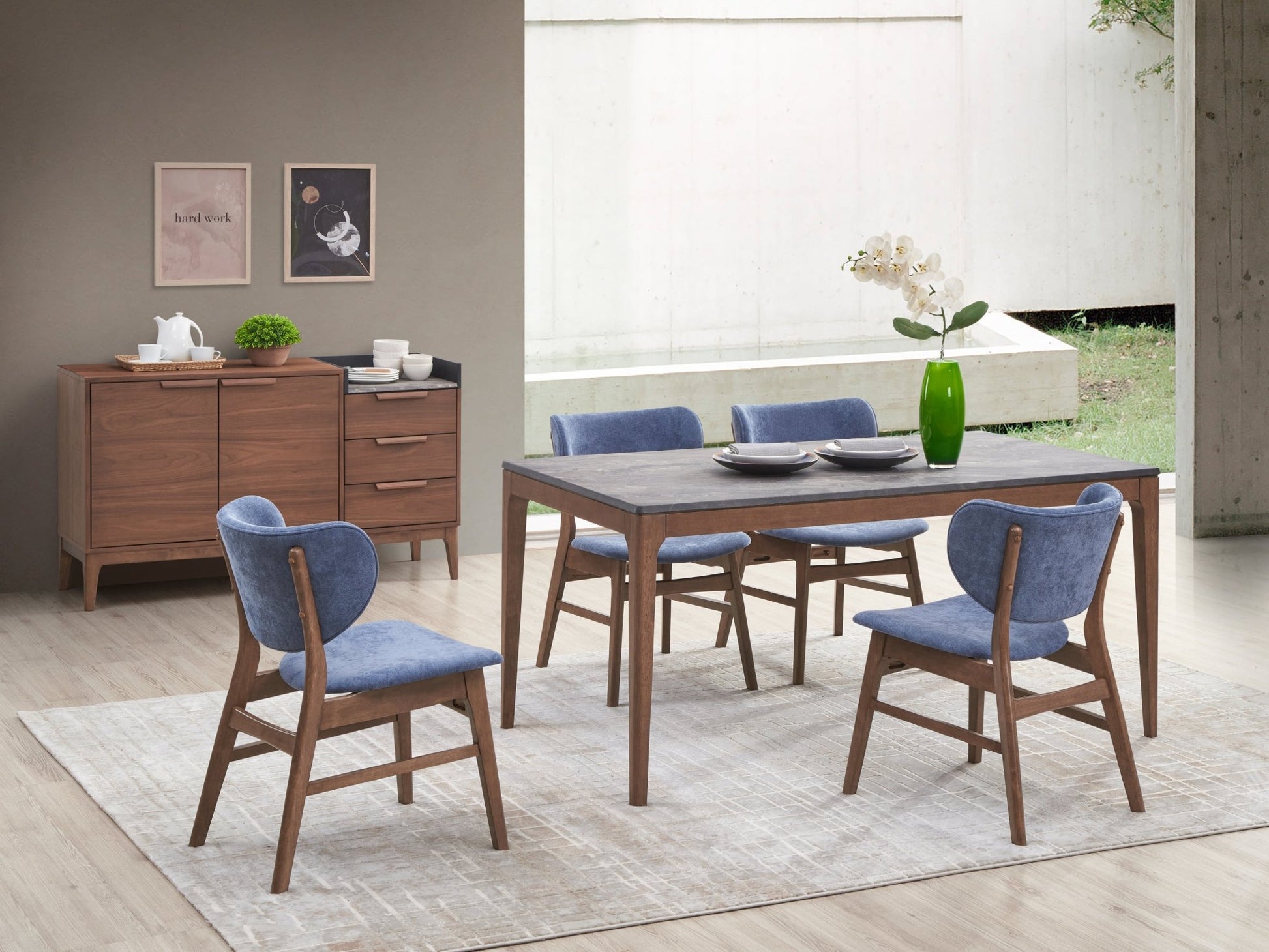 Bevis 5 - Piece Walnut Finish Dining Set with Gray Marble - Look Tabletop and Blue Upholstered Chairs - 1st Choice Furniture Direct