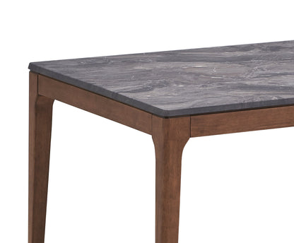 Bevis 5 - Piece Walnut Finish Dining Set with Gray Marble - Look Tabletop and Blue Upholstered Chairs - 1st Choice Furniture Direct