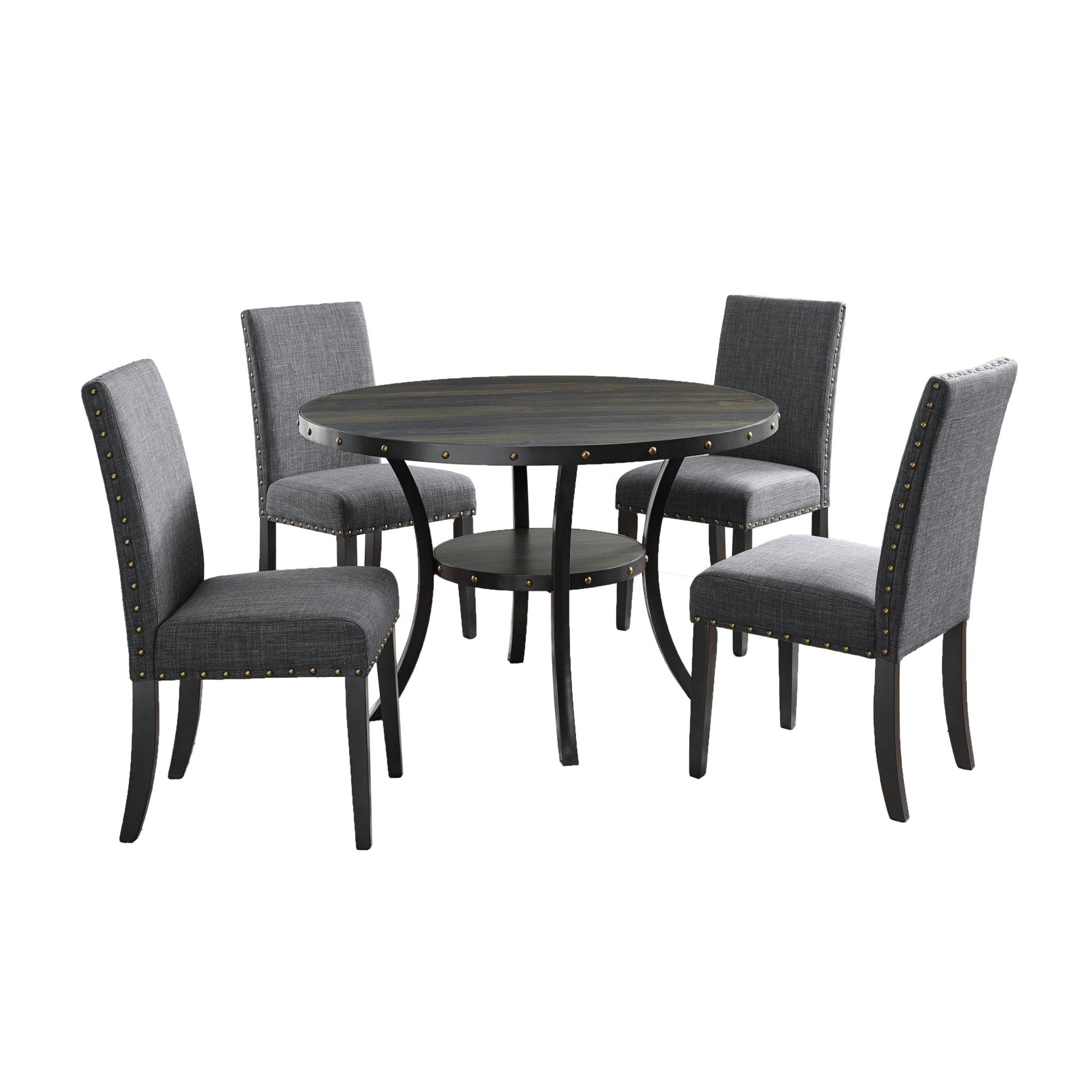 Biony Espresso Wood Dining Set with Gray Fabric Nailhead Chairs - 1st Choice Furniture Direct