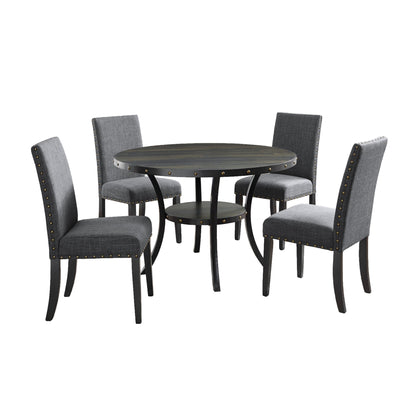 Biony Espresso Wood Dining Set with Gray Fabric Nailhead Chairs - 1st Choice Furniture Direct