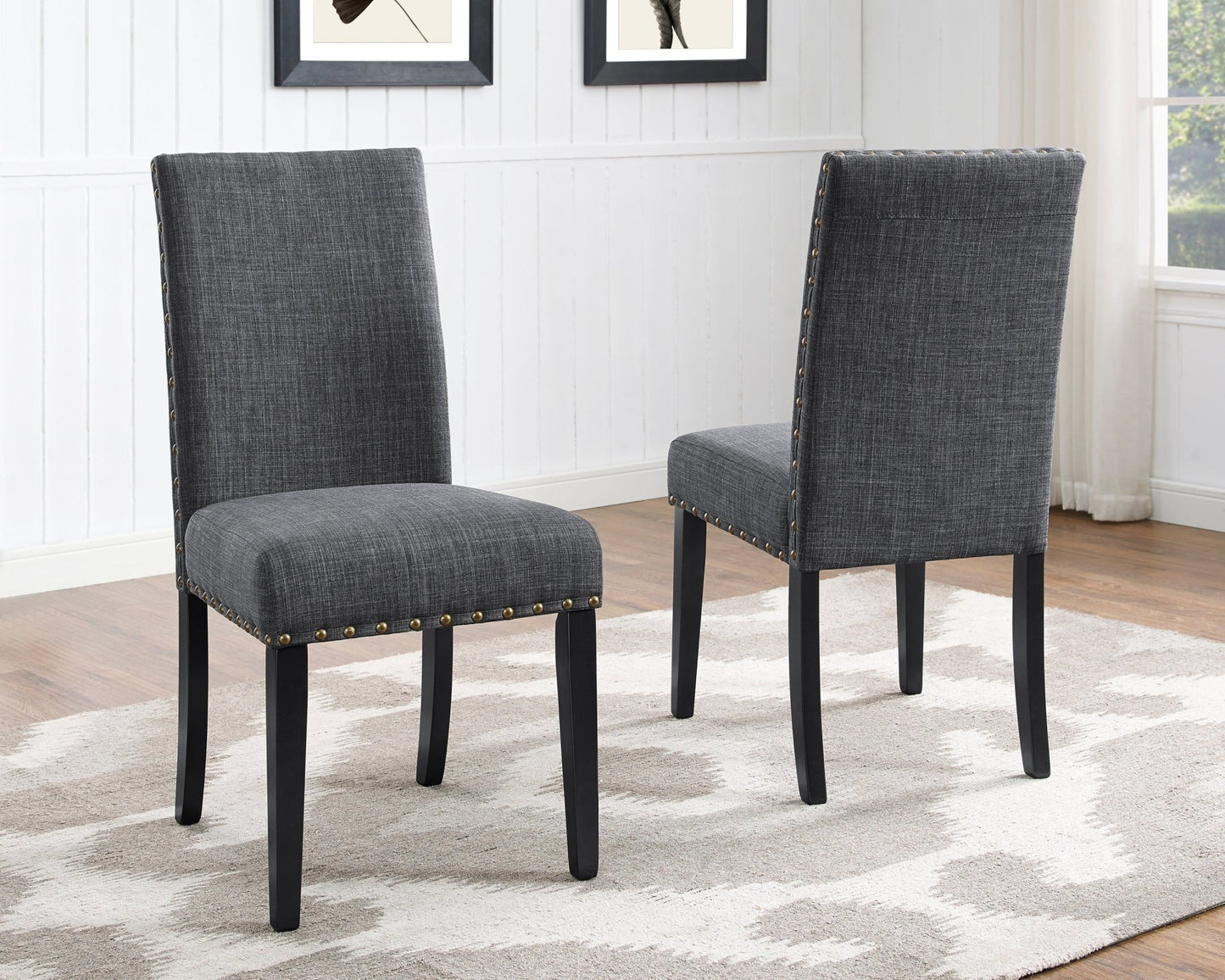 Biony Espresso Wood Dining Set with Gray Fabric Nailhead Chairs - 1st Choice Furniture Direct