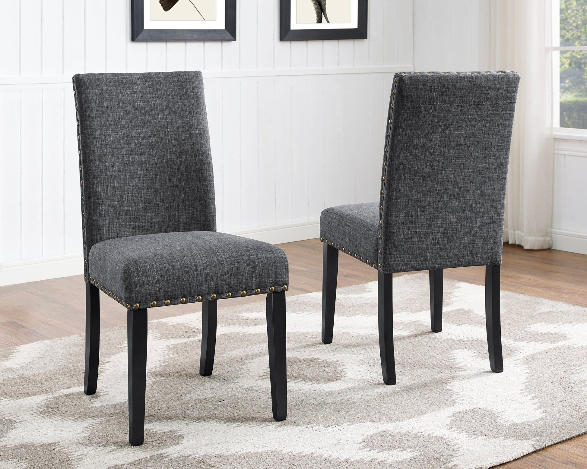 Biony Espresso Wood Dining Set with Gray Fabric Nailhead Chairs - 1st Choice Furniture Direct