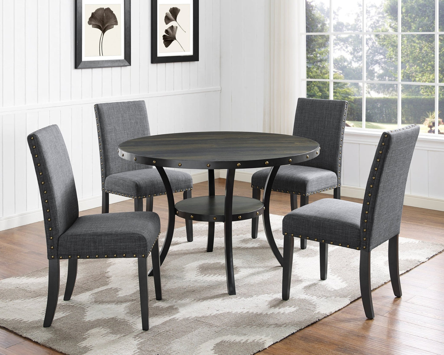 Biony Espresso Wood Dining Set with Gray Fabric Nailhead Chairs - 1st Choice Furniture Direct