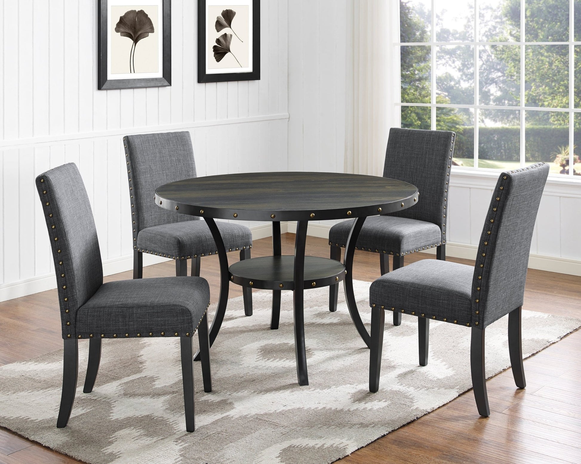 Biony Espresso Wood Dining Set with Gray Fabric Nailhead Chairs - 1st Choice Furniture Direct